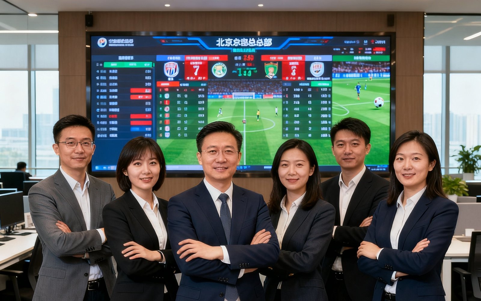 球琛核心创始团队六位成员在北京总部办公室的合影，背景是数据大屏显示实时足球数据，团队成员神态自信专业